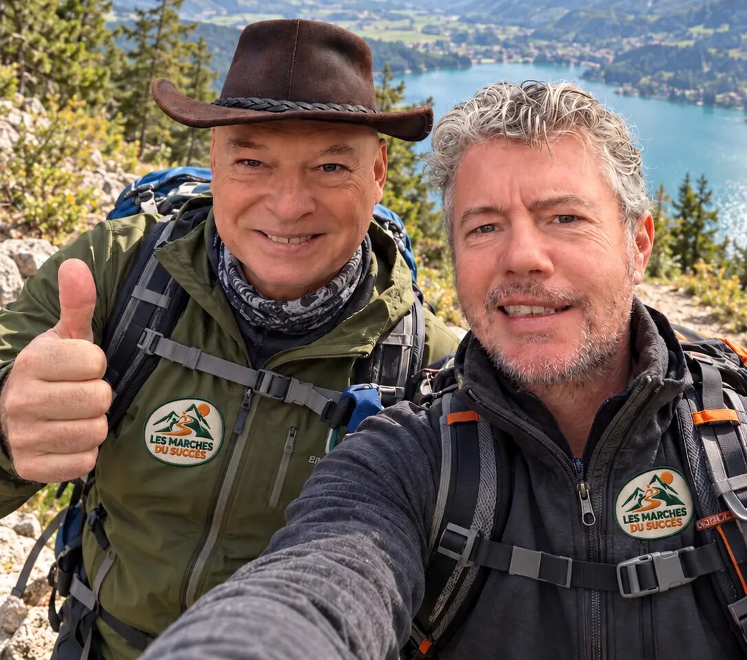 David et Pascal en randonnée au-dessus d'un lac